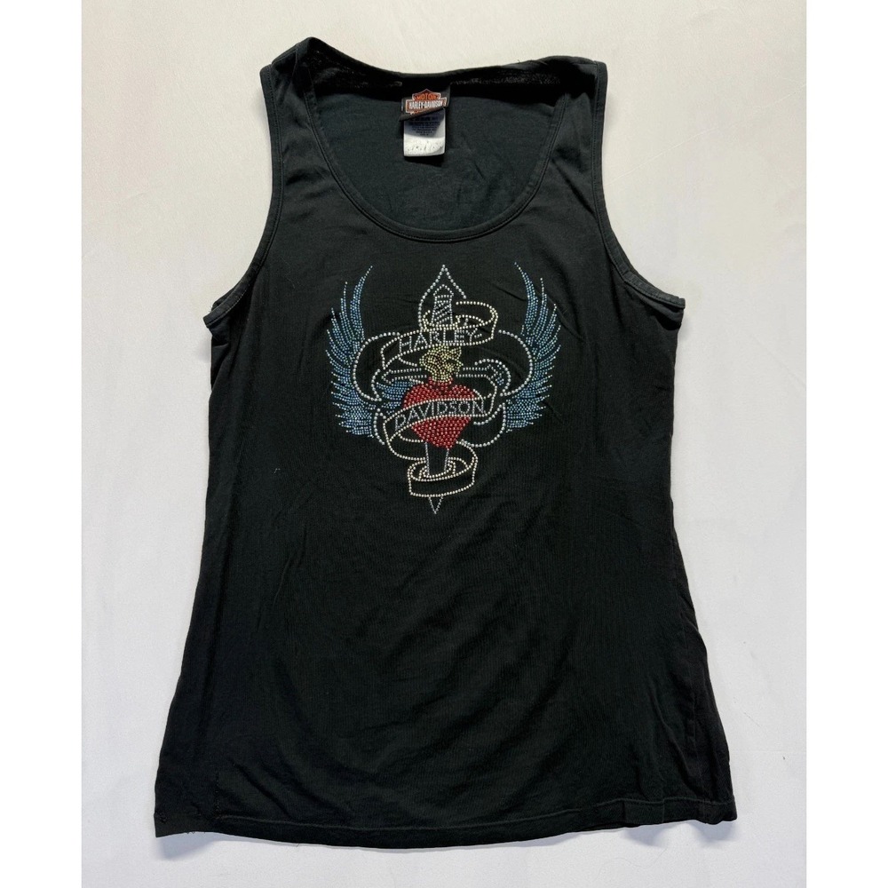 Vintage Harley-Davidson Tank Top Women Medium Black Rhinestone Winged Heart Logo